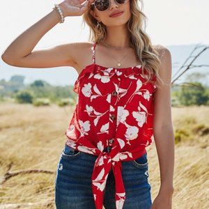Floral Print Tank Top With Tie & Ruffle